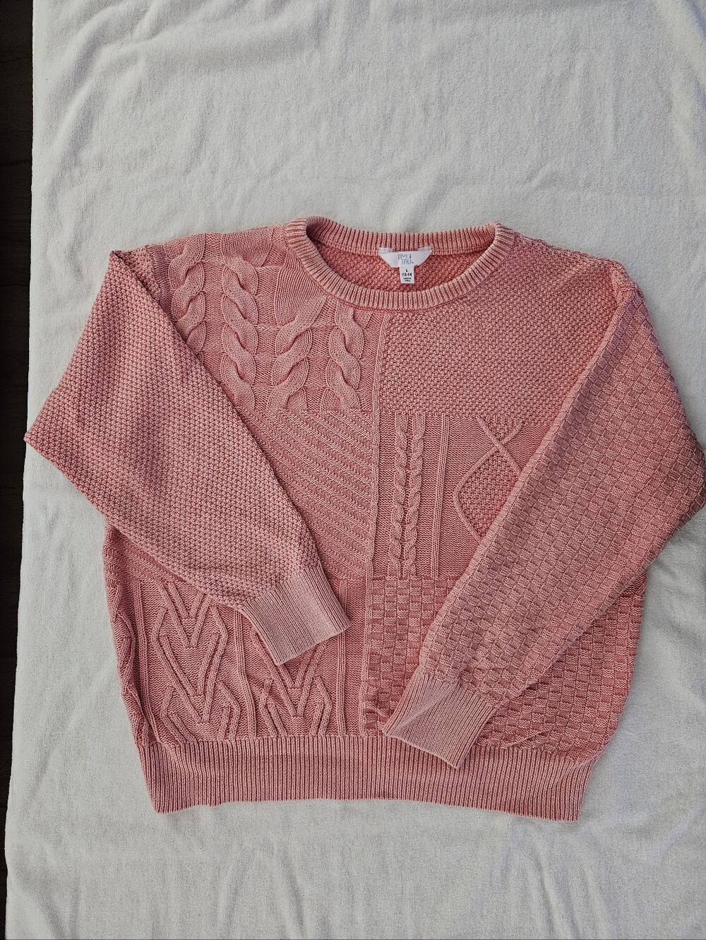 Time and Tru Pink Patchwork Cable Knit Sweater Cotton Pullover Large 12-14